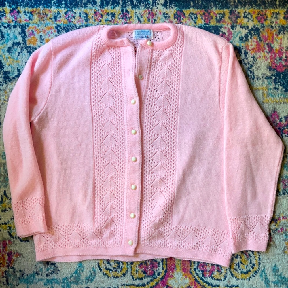 Vintage Wintuk knit cardigan sweater in baby pink with cable knit design